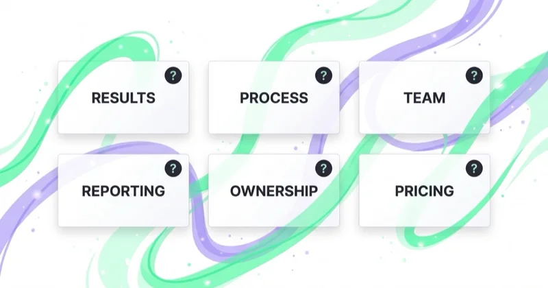 Six areas to question an agency on: results, process, team, reporting, ownership and pricing.