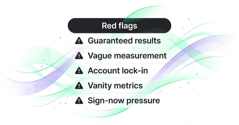 Agency red flags: guaranteed results, vague measurement, account lock-in, vanity metrics and sign-now pressure.