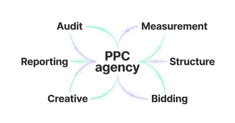 What a PPC agency does: audit, measurement, account structure, bidding, creative and reporting.